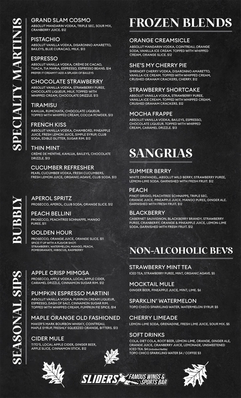 Sliders Drink Menu